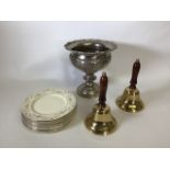 A collection of items to include two hand bells, nine Royal Doulton side plates from the Romance