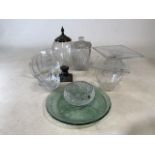 A collection of crystal and glass items to include two Bohemian crystal cake stands.