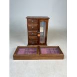 Three wooden jewellery boxes. W:25.5cm x D:14.5cm x H:36cmW:23.5cm x D:16cm x H:5cm