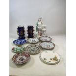 A collection of ceramics including a large Staffordshire flat back (heavily restored) with pair of