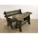 Weathered garden two seater bench and elm topped table. Table:W:113cm x D:41cm x H:66cm