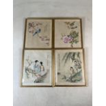 Four Chinese watercolour prints on silk of ladies in a garden and native birds. W:27cm x H:32cm (