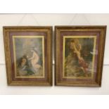 A pair of ornate gesso frames with coloured lithographs of religious subjects.W:59cm x H:75cm