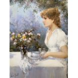 Lucia Sarto. (1950-) 20th century Italian, Tea in the Garden. Oil on board. Signed by artist bottom