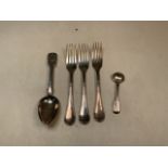 Three Christofle French silver forks, a Victorian sterling silver desert spoon and a sterling silver