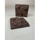 A pair of Gothic revival ceramic decorative tiles. Label verso St Luke's Bull. Choir stall carving