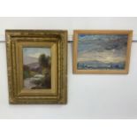 A semi abstract oil on board by John Mercer with an early 1900s oil on canvas of a river signed T