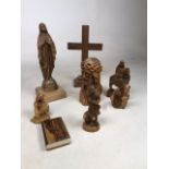 A collection of carved wooden religious figures in Olive wood together with oak crucifix W:19cm x