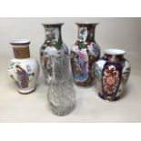 Four oriental style vase also with a glass punch jug and stirrer. Tallest vases H:36cm