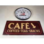 A Lavazza cafe espresso clock face also with a wooden painted cafe sign. Cafe sign W:71cm x H:30cm