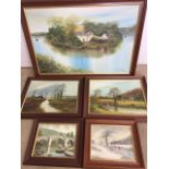 Five original landscape oils on canvas in modern frames.