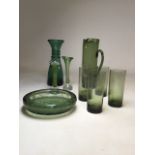 A collection of mid century green glass - Whitefriars style H:29.5cm Height of jug