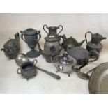 A collection of silve plated items and pewter ware. To include tea pots, water jugs, platter and