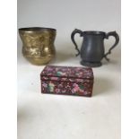 Three metalware items including a Chinese enamel box, a pewter two handled mug with glass base and a