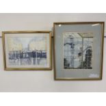 George Cox watercolour of Canary Warf also with another watercolour of a harbour. Largest