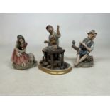 Three Capodimonte figures of boy playing pipes (stamped 326), shoe maker (stamped 63) and lady
