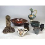 A collection of ceramic items to include an owl vase, a small jug marked Carcassonne and some