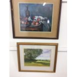 An original watercolour and gouache of a landscape signed M.G Mary George with a print. W:37cm x H: