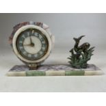 A French Art Deco style clock on marble plinth with brass deer and fowl decoration. W:40cm x D:9cm x