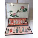 An embroidered silk picture with two Chinese paper and silk images - framed and mounted possibly