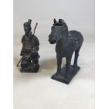 Two Chinese figures - a warrior and a horse W:25cm x H:23cm Horse H:22cm Warrior