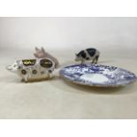 A Crown Derby Spotty pig and Mikado plate together with two pigs