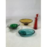 A J Berao signed glass ashtray W:19cm x D:13cm x H:3.5cm together with a mid century green footed