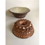 A large copper zinc lined jelly mould - early 20th century together with a pottery dairy bowl W:26.