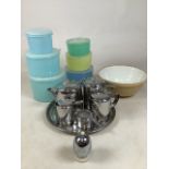 A stainless steel tea set and tray together with a Gripstamd mixing bowl - 25cm diameter and two