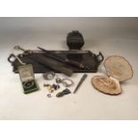 A silver plated serving tray, a lidded pewter pot, fire poker, costume jewellery, two cocktail