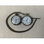 Two pocket watches and a silver stamped Albert chain.