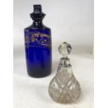 A Bristol blue apothecary bottle together with a cut glass silver neck perfume bottle and a glass