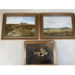 Two exmoor oil paintings by G.Beard also with a floral oil on canvas. Approx W:34cm x H:24cm