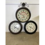 Three modern battery operated circular wall clocks.