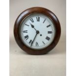 A small 19th century oak cased wall clock with fusee movement. 20cm white metal face with Roman