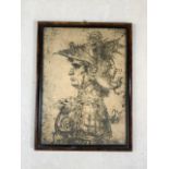 After Leonardo Da Vinci. Framed etching print Bust of a warrior in profile with winged helmet and