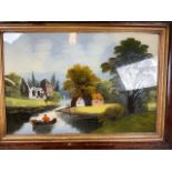 A Victorian reverse painting on glass of a river scene. In a gilt wood frame. W:66cm x H:56cm