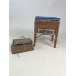 Two mid century sewing baskets. One with legs and contents 40cm height.