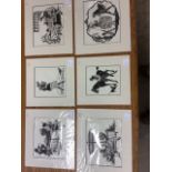 A set of six woodcut style etchings in cream mounts with black bevel. Approx W:20cm x H:15cm