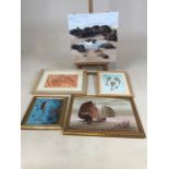 Five picture and prints to include an original acrylic on canvas Oyster catcher and others W:40cm