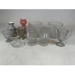 A collection of glassware and a Langley stamped ceramic vase. Glass includes two glass lustres,