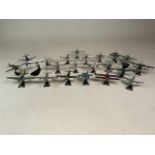 A collection of model aeroplanes of varying scale and era. All with stands. EFA 2000, F4F Wildcat,