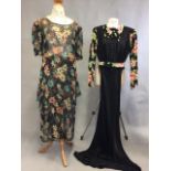 Two 1930s dresses. A printed silk crepe dress and a bias cut satin dress with contrast printed