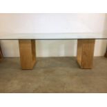 A large modern Abbas glass table with oak supports. W:240cm x D:120cm x H:76cm
