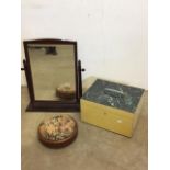 A collection of mid century items to include a Stag mirror, a circular upholstered wooden framed