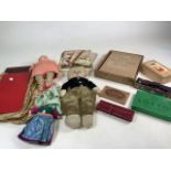 A collection of vintage games to include a Staunton chess set and three dolls.