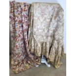 A pair of vintage printed curtains trimmed with corded gimp W:88cm x H:255cm approx some wear to