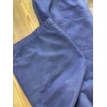 Pair blue interlined curtains. 274cm width x 269cm length. 1 edge of each curtain badly faded and