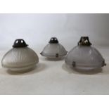 Three 1930s reeded opaque glass lamp shades W:22cm x H:16cm