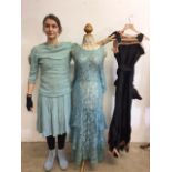 3 vintage dresses from the 1920s and 1930s to include blue lace dress and black